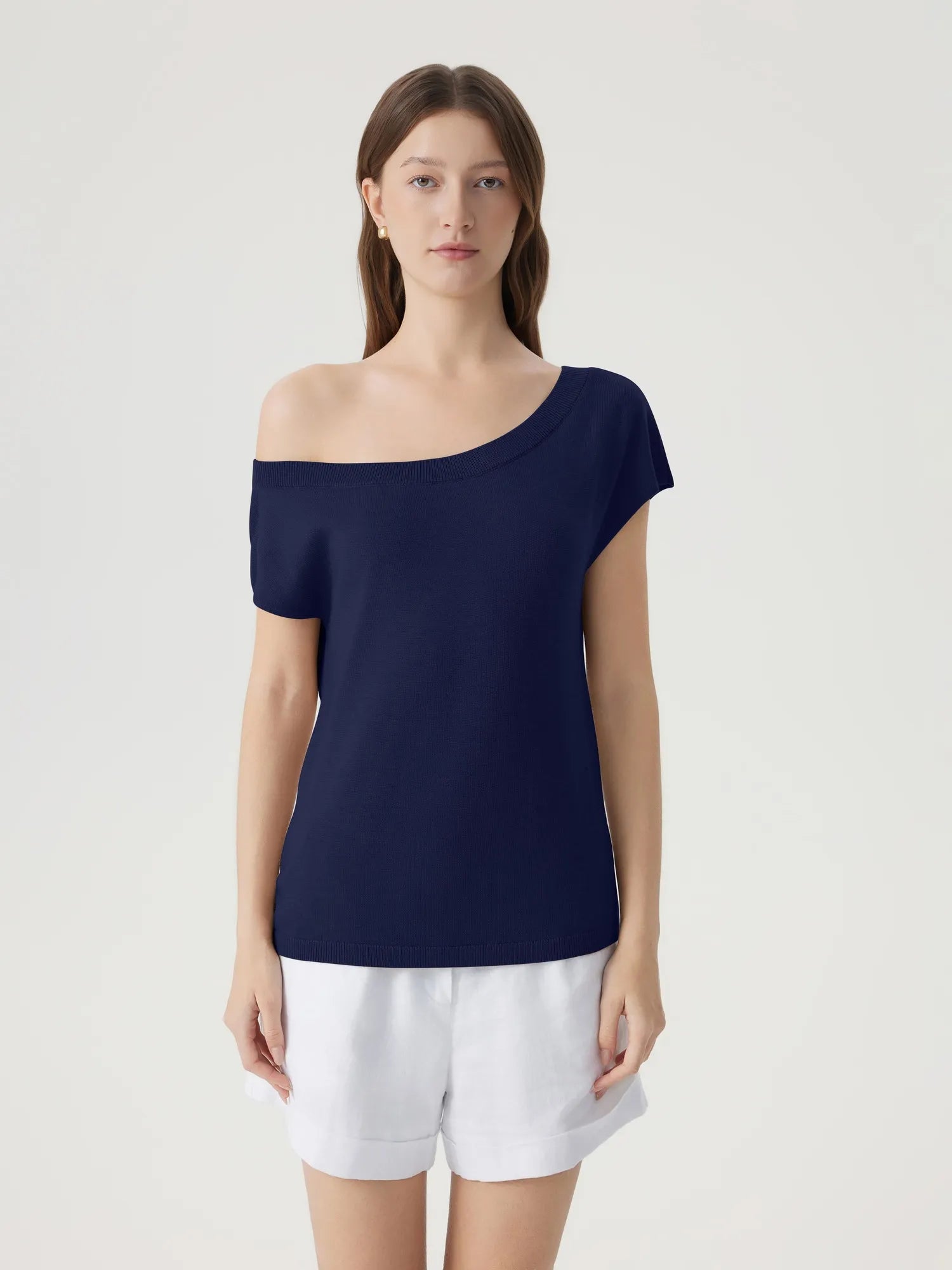 Blend Off The Shoulder Tops Silk Cashmere-SUUKSESS-Navy-XS-SUUKSESS