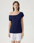 Blend Off The Shoulder Tops Silk Cashmere-SUUKSESS-Navy-XS-SUUKSESS