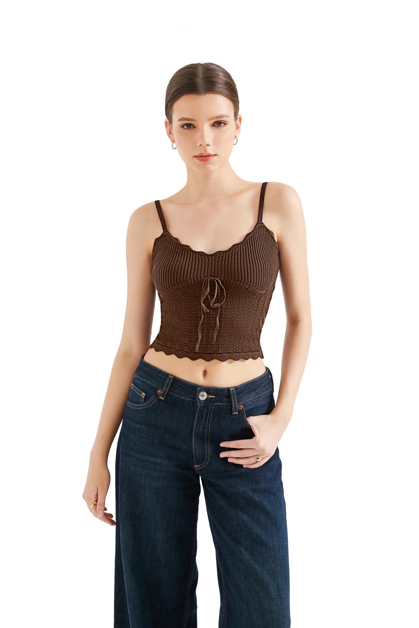 Crochet Cami V Neck Tank Top-SUUKSESS-Brown-XS-SUUKSESS