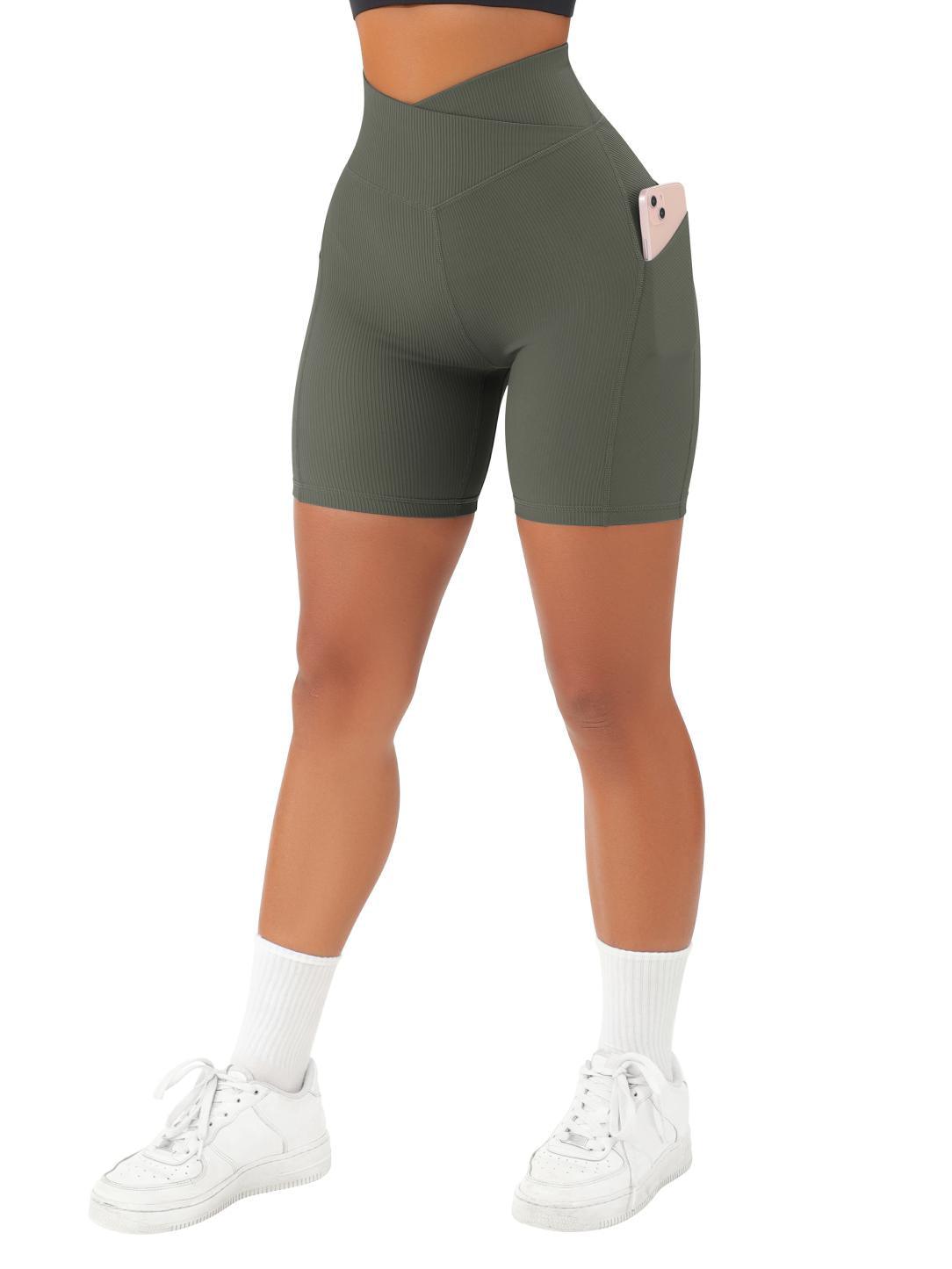 Crossover Sculpt Biker Shorts-Army Green-Suuksess Women&#39;s Shorts for Running, Sports, Hiking - Lululemon Dupe, Gymshark Dupe, Fabletics Dupe