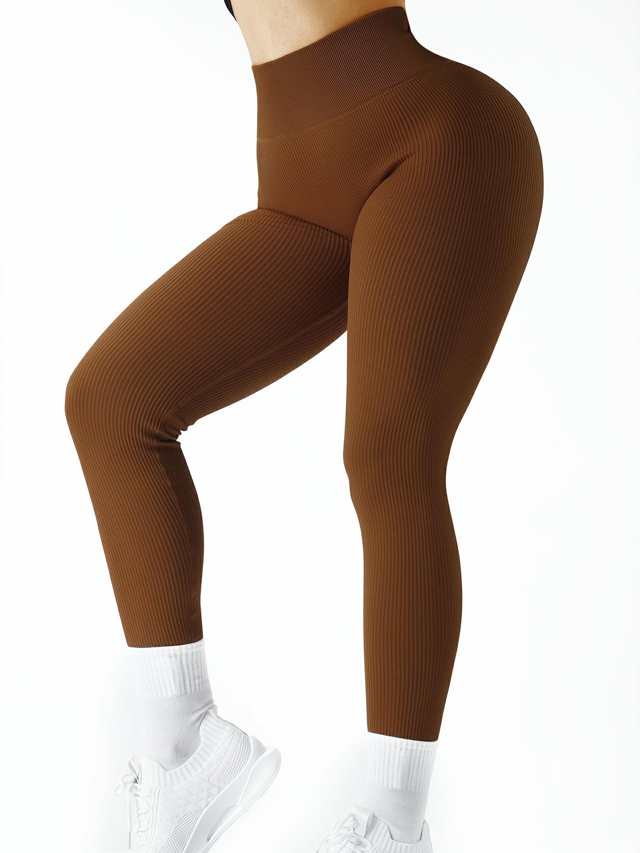 Good American Women Chocolate Brown Ribbed High Waisted Compression Leggings  3/4