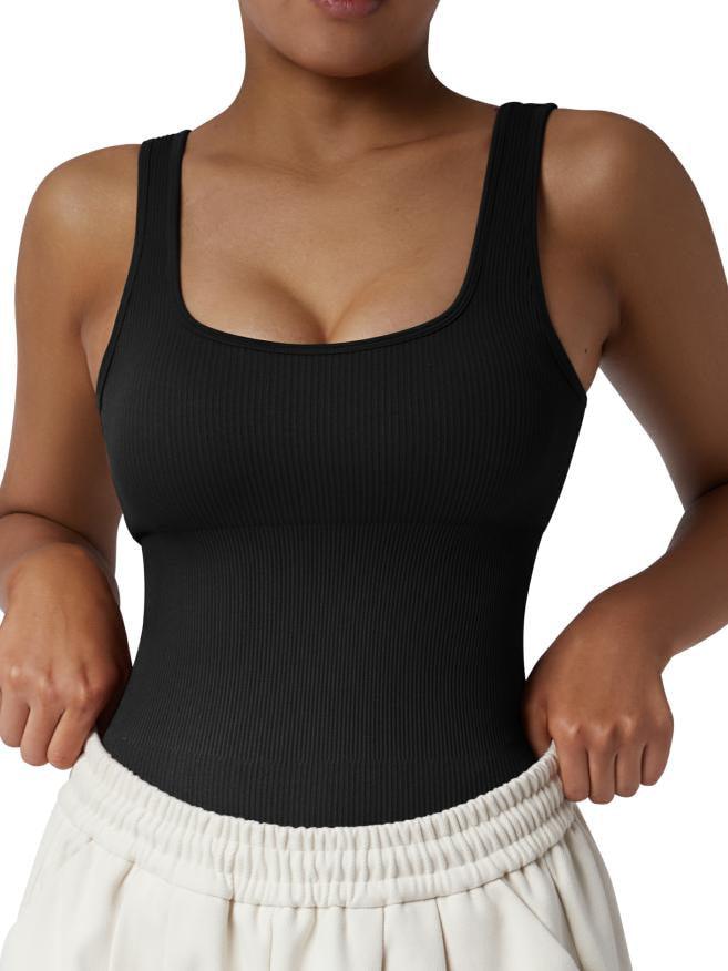 Ribbed Bodysuit for Women Sexy Sleeveless Square Neck Padded Tank