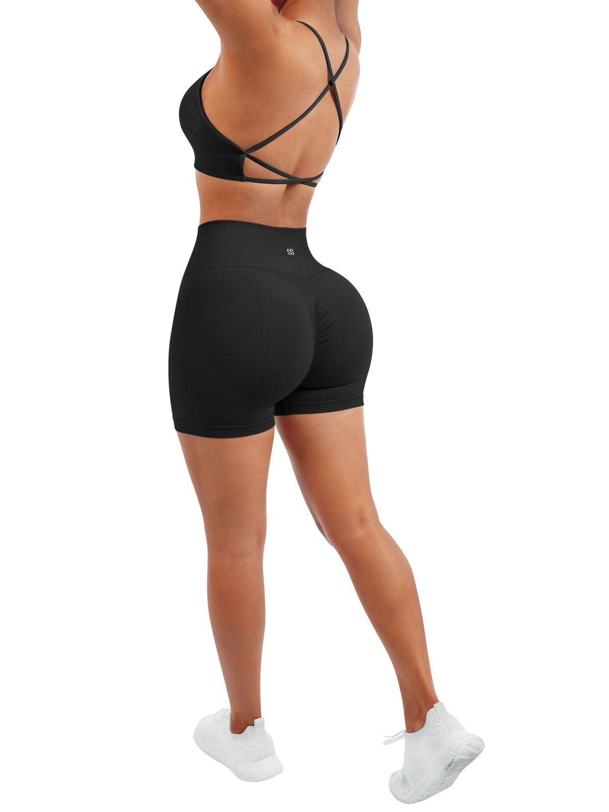  SUUKSESS Women V Cross Seamless Workout Sets Strappy Padded  Sports Bra High Waist Booty Shorts (Black,S) : Clothing, Shoes & Jewelry